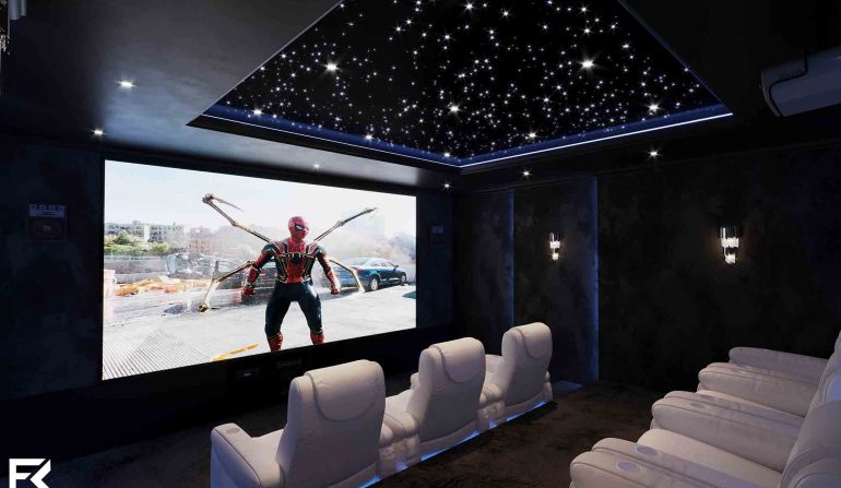 Why Fibre Optic Lighting is the Secret Ingredient for Luxury Home Cinemas 7 Fibre optic lighting in a luxury home cinema with star ceiling and recliner seating.