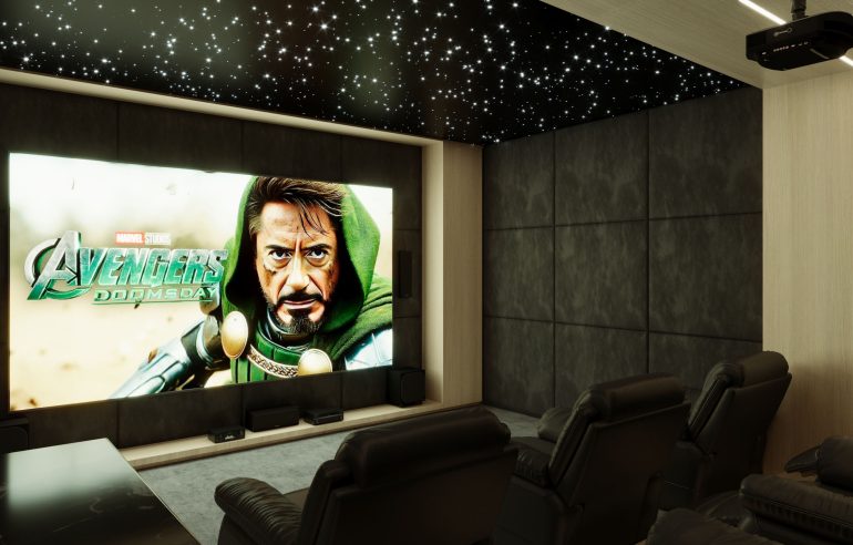 How Fibre Optic Lighting Enhances the Movie Experience at Home 1 Fibre optic lighting star ceiling installed in a luxury home cinema room for soft, theatre-like ambience and immersive movie viewing experience.