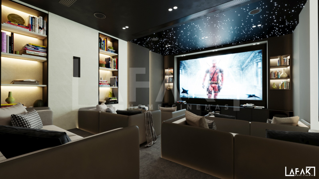 Luxury home cinemas with premium seating, large screen, and immersive surround sound system