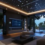 Elegant custom home cinemas for villas in Sharjah with cinematic lighting, Atmos speakers, and large projector display