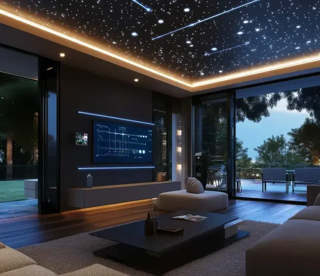 Elegant custom home cinemas for villas in Sharjah with cinematic lighting, Atmos speakers, and large projector display