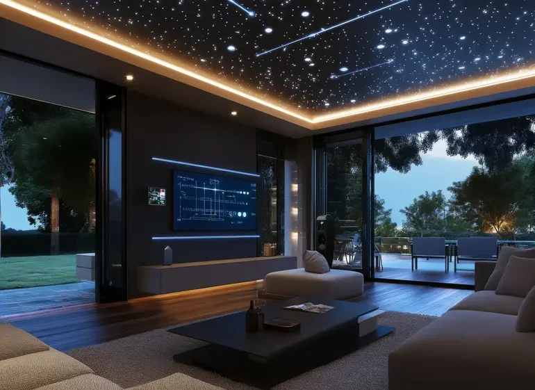 Elegant custom home cinemas for villas in Sharjah with cinematic lighting, Atmos speakers, and large projector display