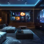 Best Home Cinema for Luxury Villas in Dubai with a luxury projector screen, custom recliners, acoustic wall panels, and elegant fibre optic ceiling lighting.