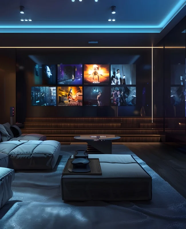 Best Home Cinema for Luxury Villas in Dubai with a luxury projector screen, custom recliners, acoustic wall panels, and elegant fibre optic ceiling lighting.