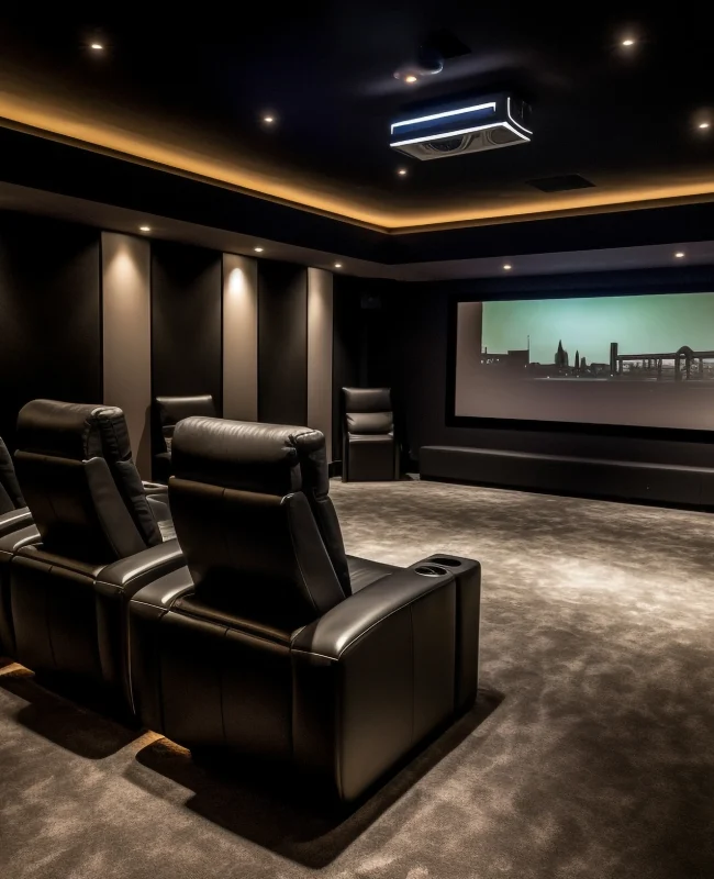 home cinema UAE modern setup with projector, surround sound, and luxury seating
