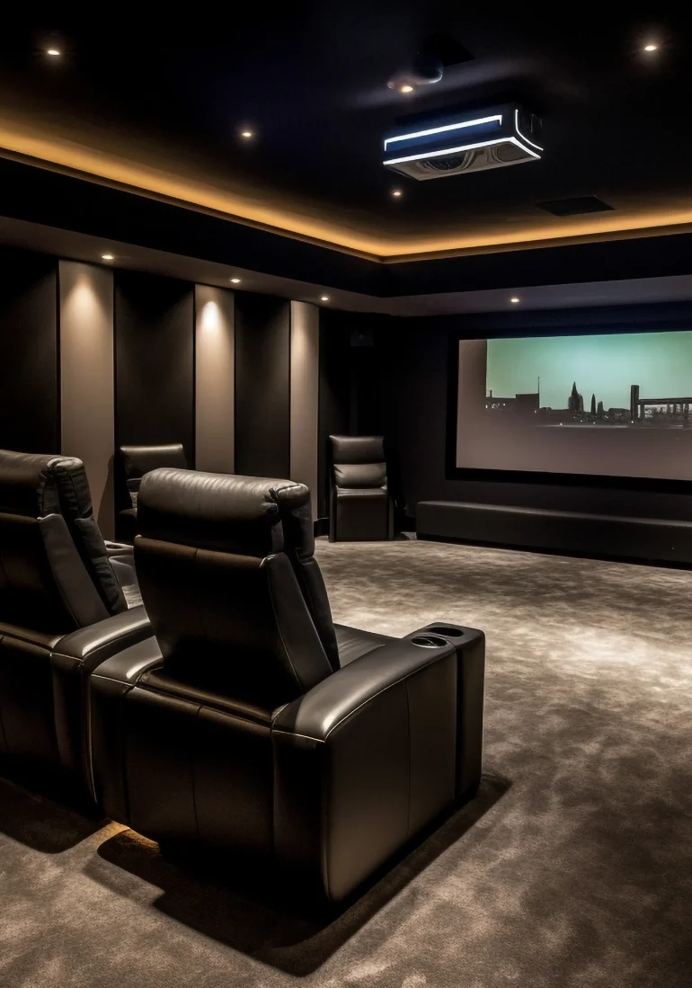 The Perfect Home Theatre Quartet: Fiber Optic Lights, Premium Sound, Recliners, and Acoustic Cladding 5 Modern home theatre showcasing fiber optic star ceiling lights, luxury recliners, acoustic cladding, and premium audio system for a true cinema feel.