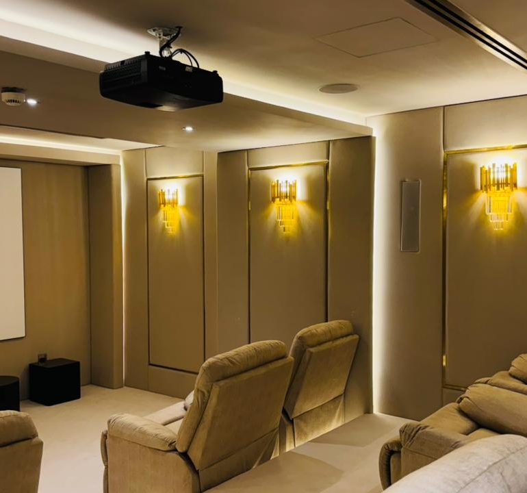 The Perfect Home Theatre Quartet: Fiber Optic Lights, Premium Sound, Recliners, and Acoustic Cladding 4 Home cinema interiors showing budget and luxury design choices with lighting and sound setup