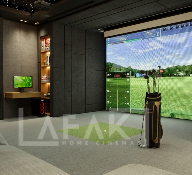 Luxury Home Cinema UAE design with premium recliner seating, surround sound speakers, ambient LED lighting, and a large projector screen in a modern villa interior