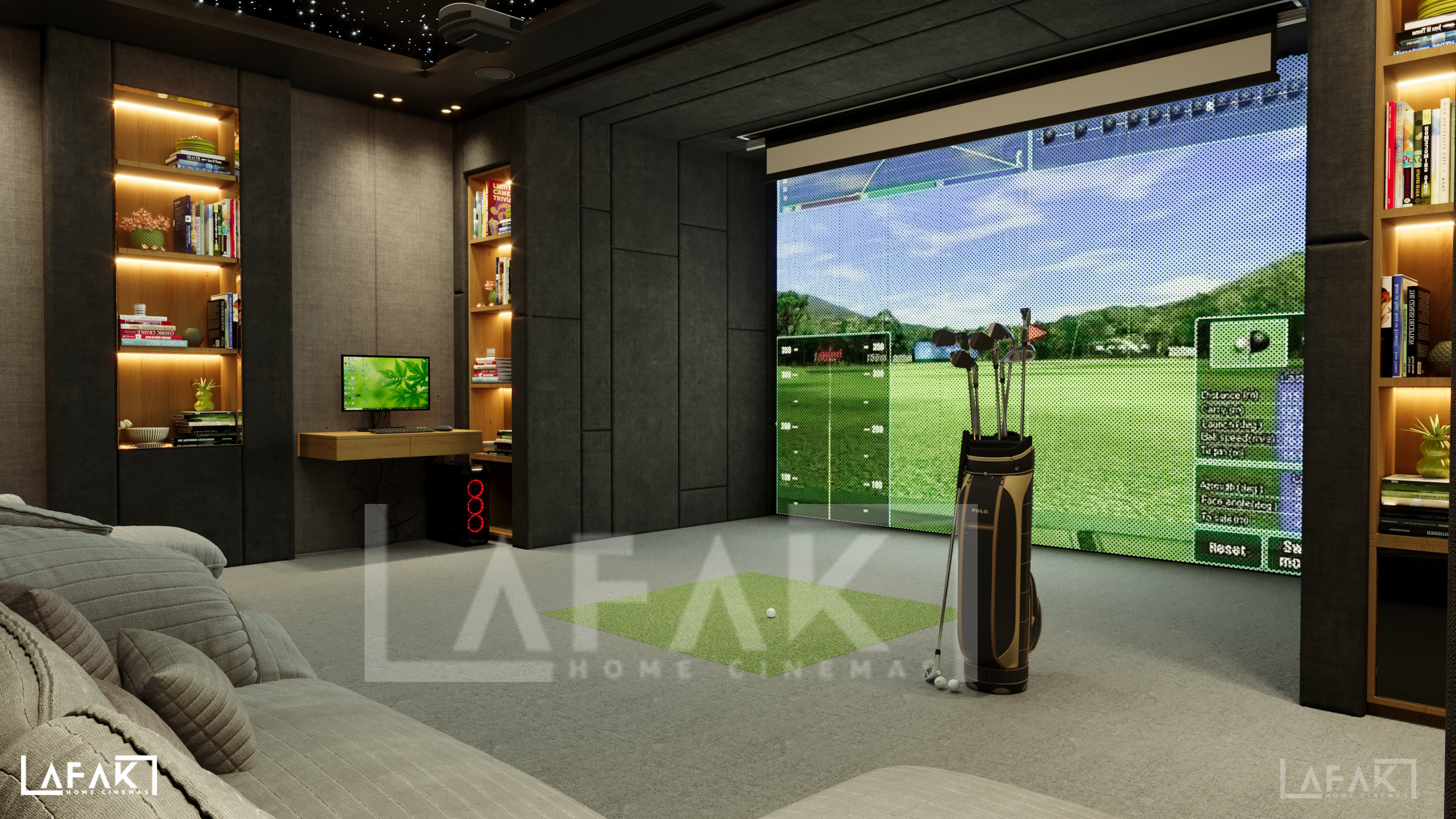 Luxury Home Cinema UAE design with premium recliner seating, surround sound speakers, ambient LED lighting, and a large projector screen in a modern villa interior