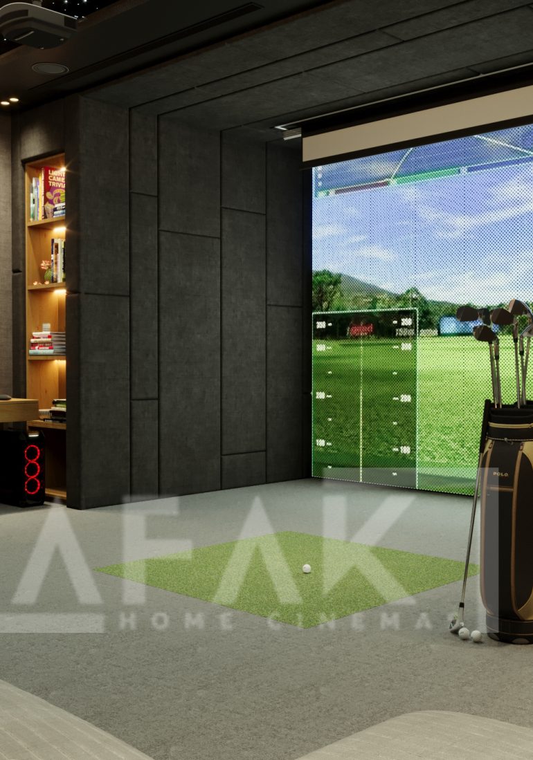Luxury home cinema with fibre optic star ceiling, premium recliners, acoustic wall panels, and a large projector screen in a Dubai villa.