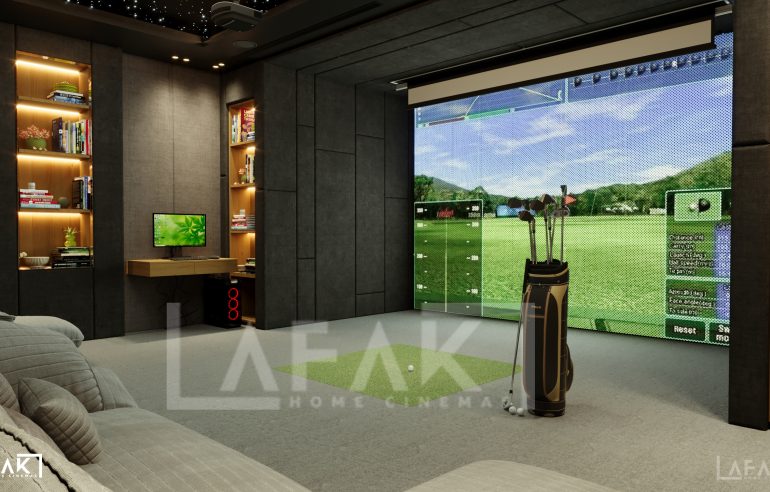 Luxury home cinema with fibre optic star ceiling, premium recliners, acoustic wall panels, and a large projector screen in a Dubai villa.