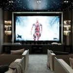 Luxury home theatre with fibre optic lighting that enhances the movie experience at home through a starry ceiling and ambient illumination.