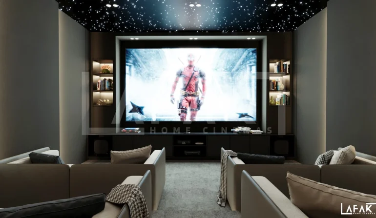 Luxury home theatre with fibre optic lighting that enhances the movie experience at home through a starry ceiling and ambient illumination.