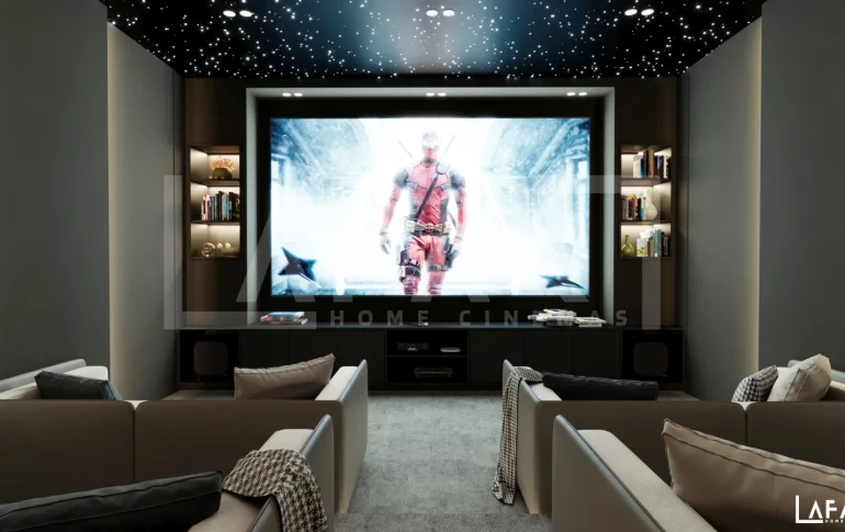 How Fibre Optic Lighting Enhances the Movie Experience at Home 8 Luxury home theatre with fibre optic lighting that enhances the movie experience at home through a starry ceiling and ambient illumination.