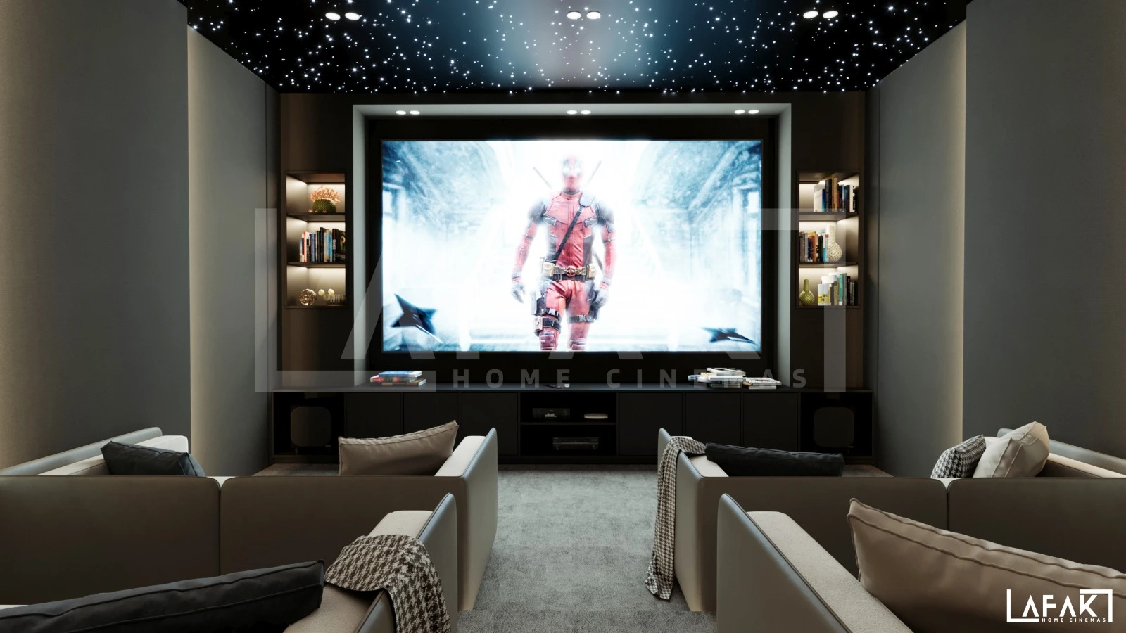 Luxury home theatre with fibre optic lighting that enhances the movie experience at home through a starry ceiling and ambient illumination.