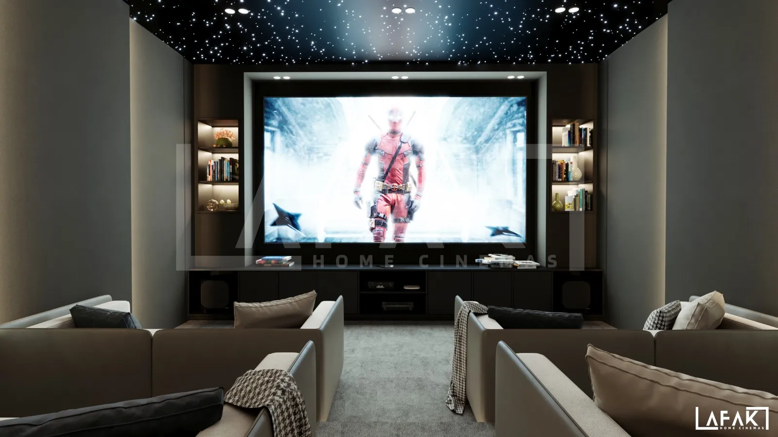 Why Fibre Optic Lighting is the Secret Ingredient for Luxury Home Cinemas 19 Modern home cinema room size with a large projection screen, luxury recliner seating, acoustic wall panels, KEF speakers, and fiber optic ceiling lighting.